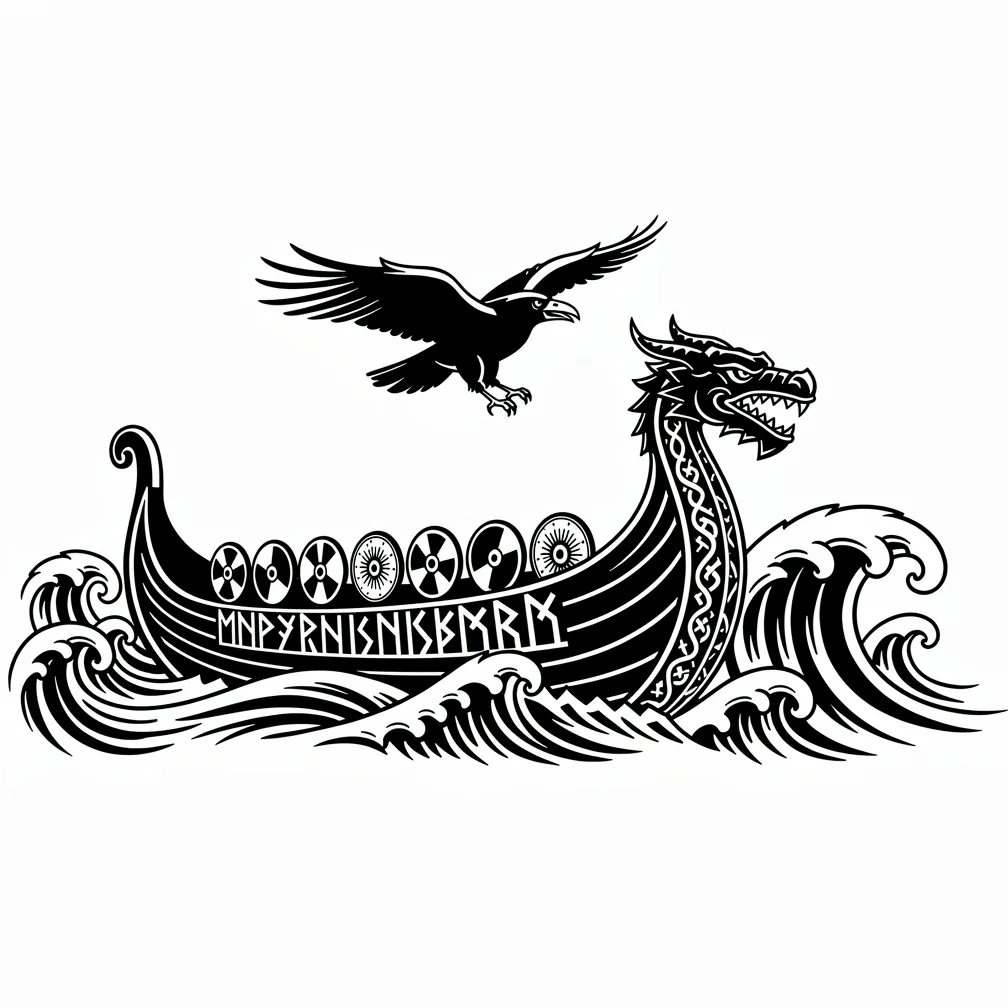 A blackwork Norse Viking longship cuts through icy waters with Huginn and Muninn flying above and runic inscriptions along the hull.