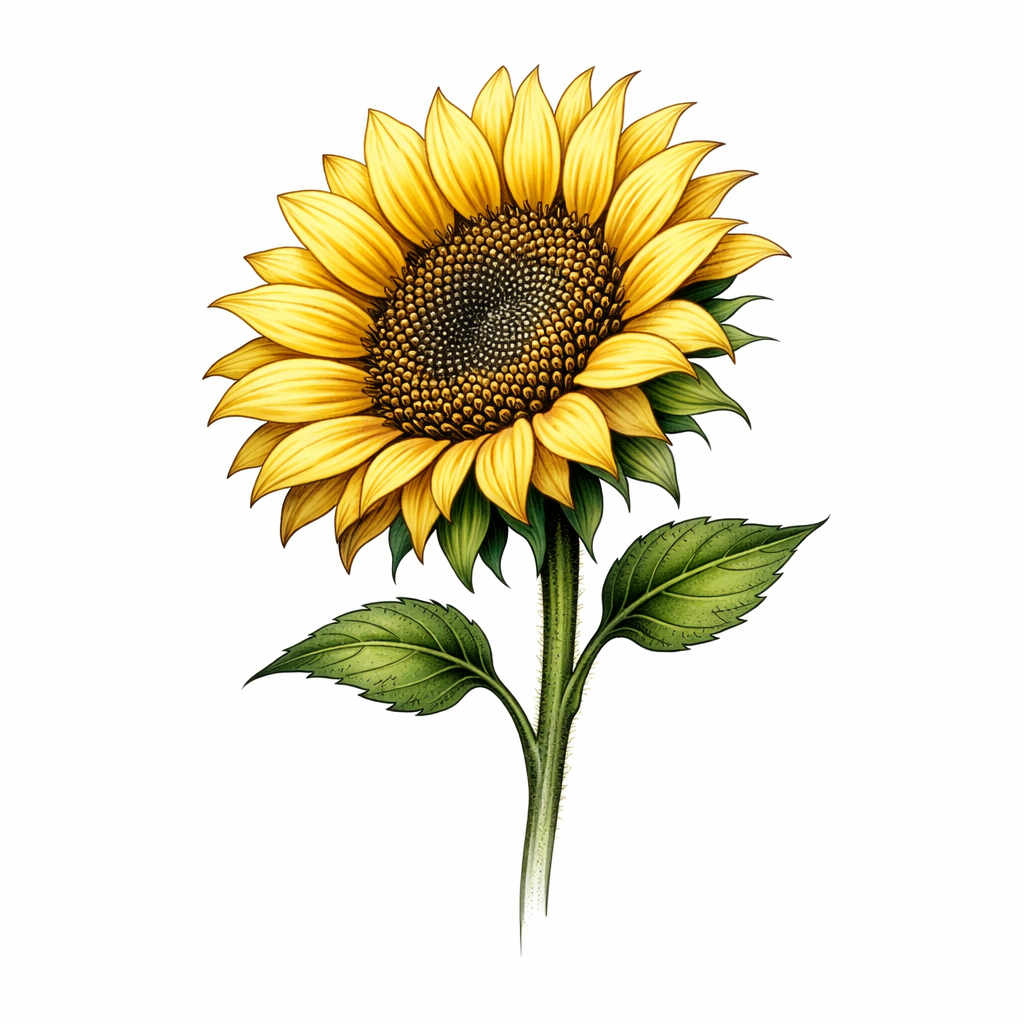 A realistic sunflower turning toward the light, each petal and seed rendered in exquisite botanical detail with lifelike color and texture.