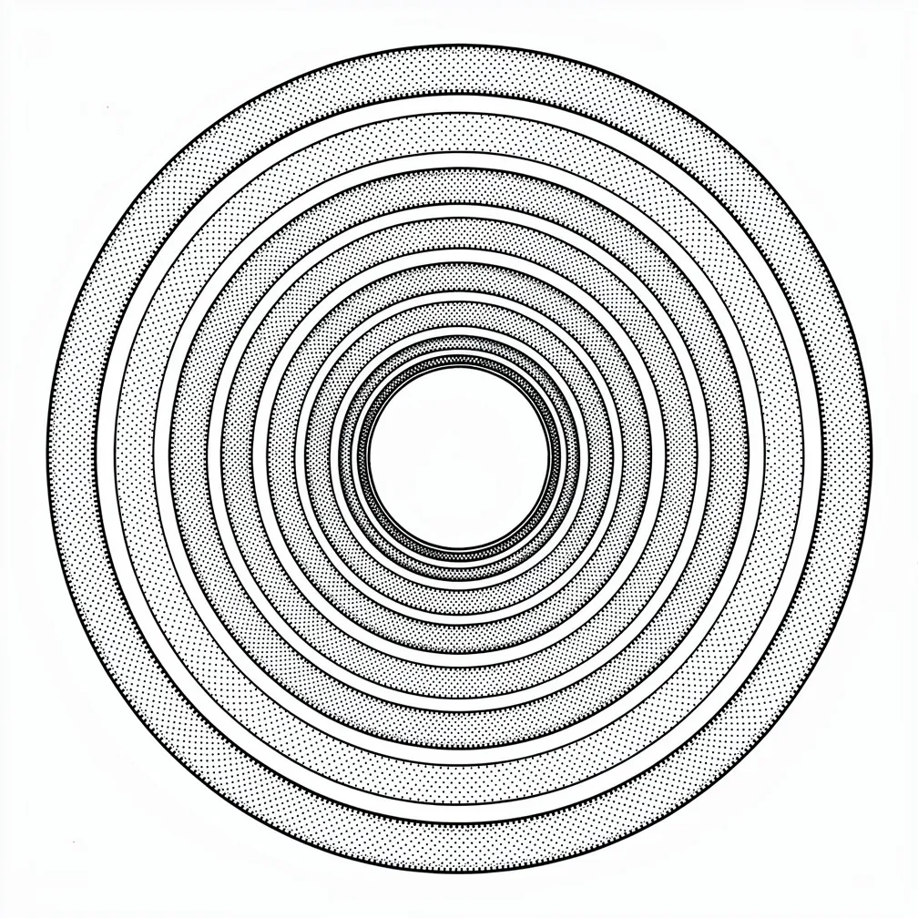 A dotwork geometric design of concentric circles made of diminishing dots, forming a 3D tunnel optical illusion.