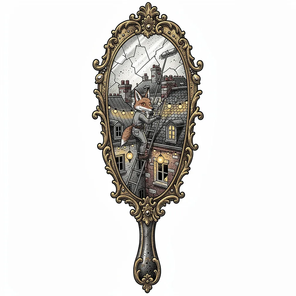 An illustrative baroque hand mirror with a cracked frame reflecting a lamp-lit miniature midnight rooftop city and a determined fox window-washer climbing a slate facade.