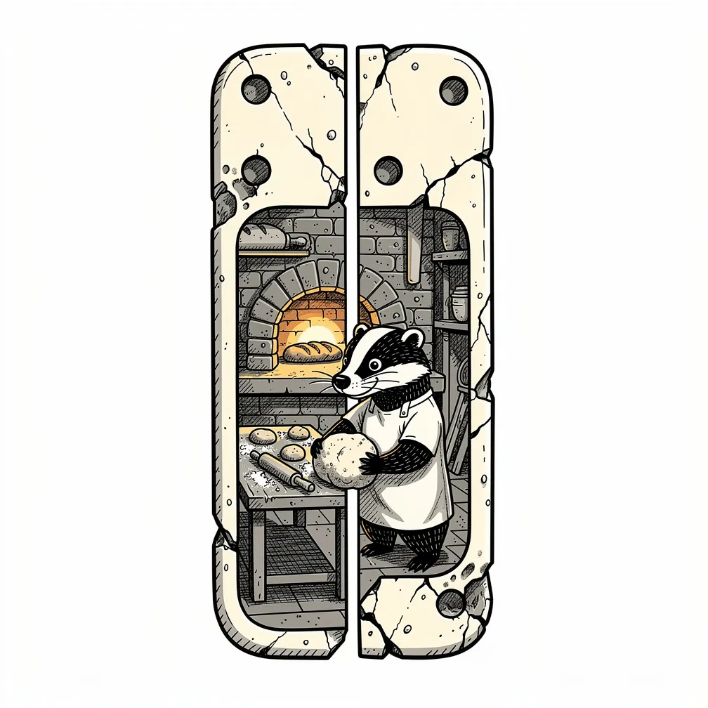 An illustrative aged ivory domino split open to reveal a warm lit miniature bakery with a brick oven and a badger baker kneading dough.