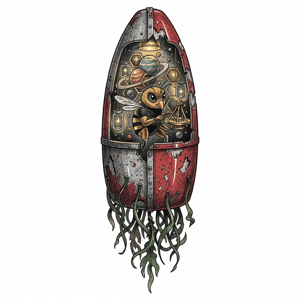 An illustrative weathered red sea buoy split open to reveal a lamp-lit celestial apiary with honeycomb planets, starlight jars, and a bee astronomer using a sextant.