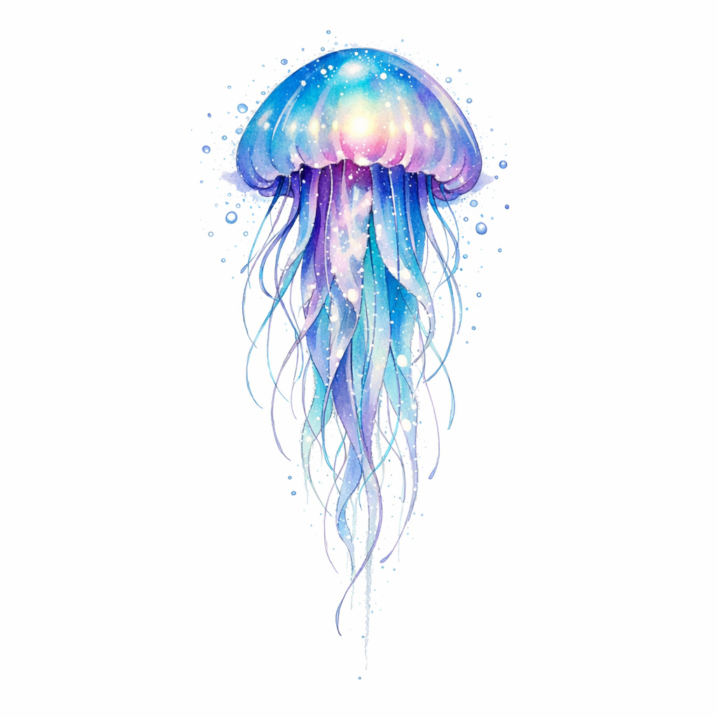 A watercolor-style bioluminescent jellyfish drifting in deep ocean darkness with long luminous tentacles and drifting light particles