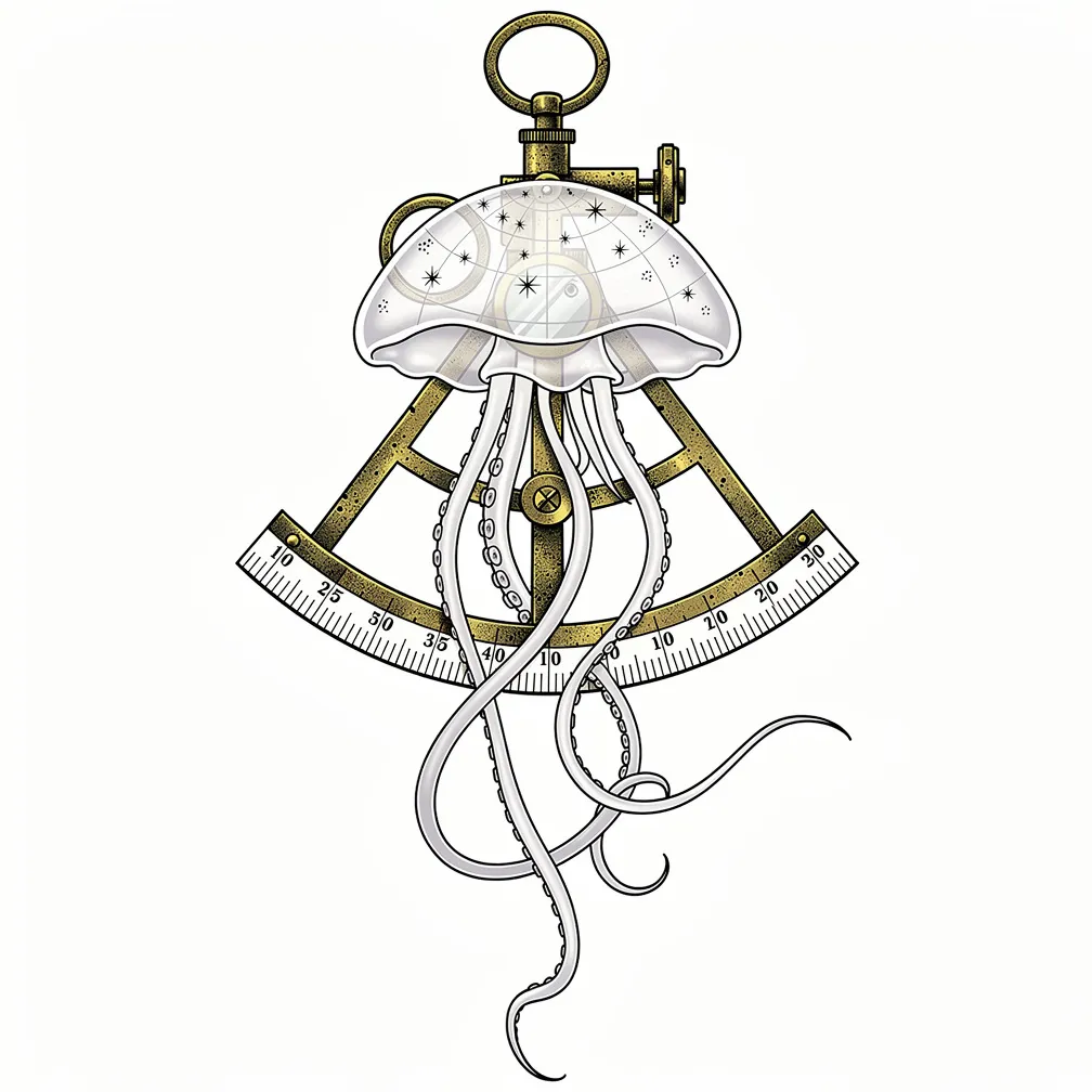 An illustrative antique brass sextant with engraved details, its horizon mirror replaced by a translucent moon-jellyfish with starry latitude lines and glowing tentacles.