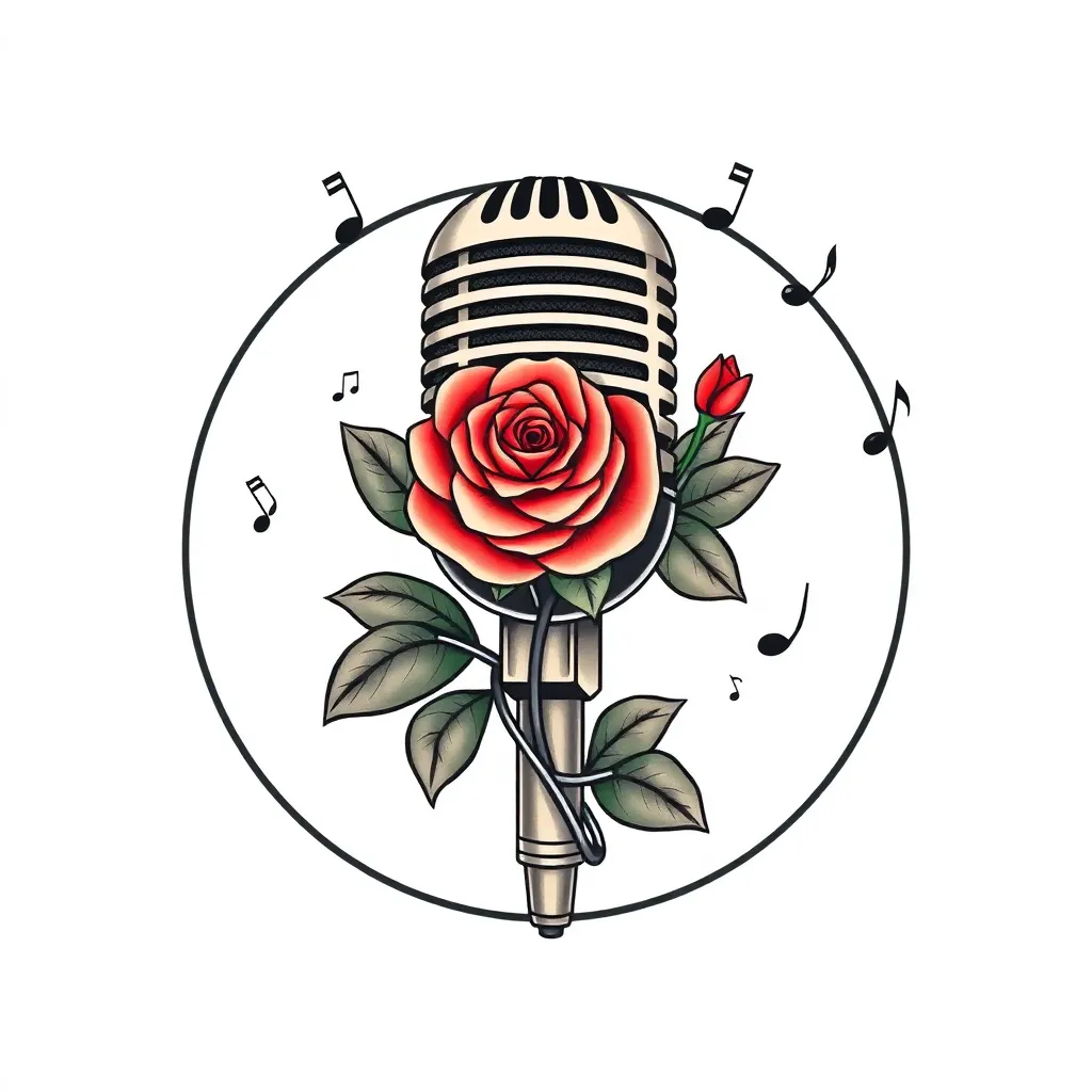 Neo-traditional vintage microphone entwined with roses and floating music notes, concentric soundwave rings radiating outward in bold color and linework