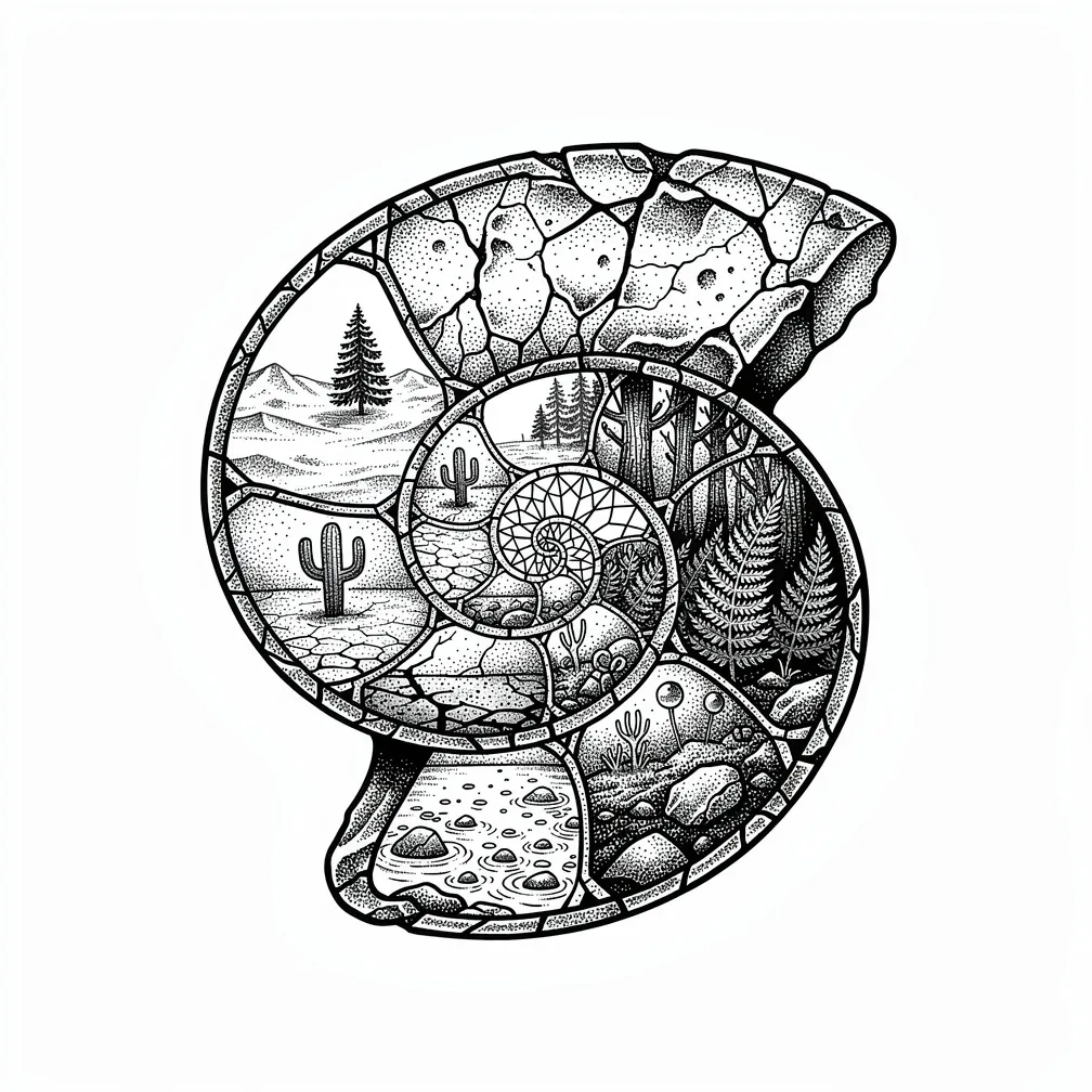 Dotwork fossil ammonite spiraling inward with each chamber rendered as a tiny biome (tundra, desert, rainforest, bioluminescent pool) divided by hairline glass seams and cracked calcified texture.