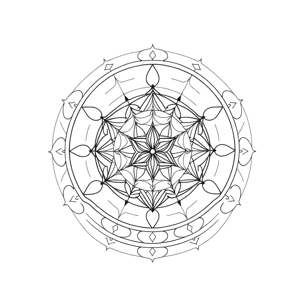 Un mándala geométrico de geometría sagrada con la Flor de la Vida en el centro, una superposición del Cubo de Metatrón y espirales de la proporción áurea que irradian hacia afuera, en linework negro y