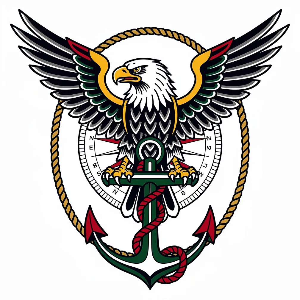 A traditional-style fierce eagle with spread wings clutching an anchor, framed by nautical rope and compass roses.