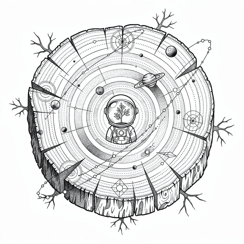 Dotwork tree-stump cross-section whose growth rings transform into concentric orbital paths with tiny planets, moons, a comet, root-scar map marks, and a tiny reflective astronaut on the innermostring