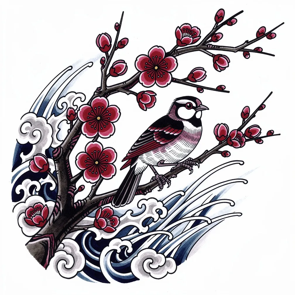 A Japanese-style cherry blossom branch with windblown petals and a small sparrow perched among the flowers.
