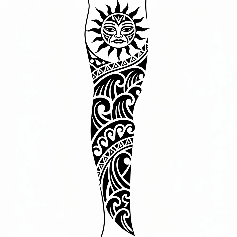 A Polynesian tribal sleeve of bold black ocean waves, shark teeth motifs, and sun symbols flowing together in a cohesive pattern.