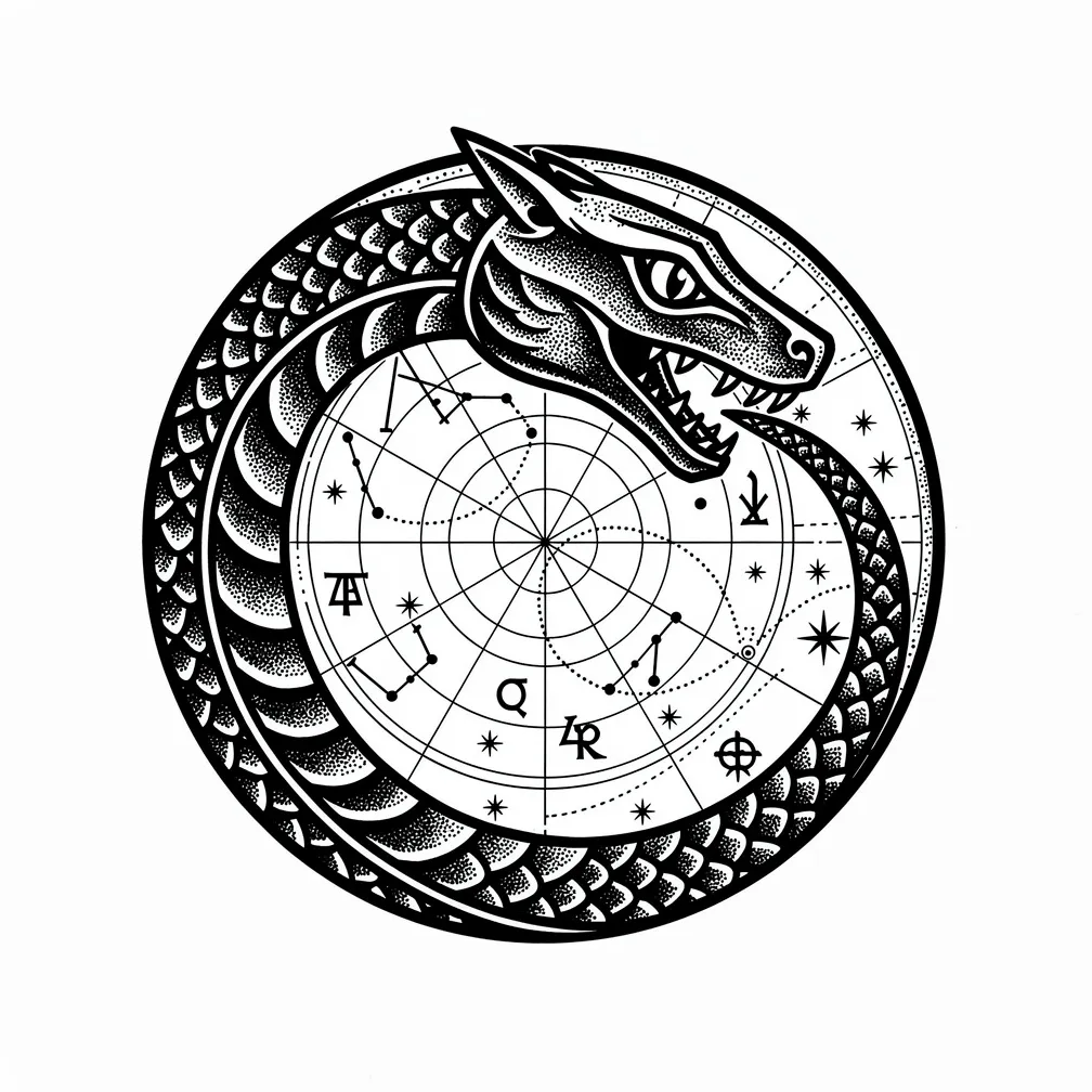 A blackwork ouroboros serpent biting its tail, with its body packed with alchemical symbols and celestial diagram details.