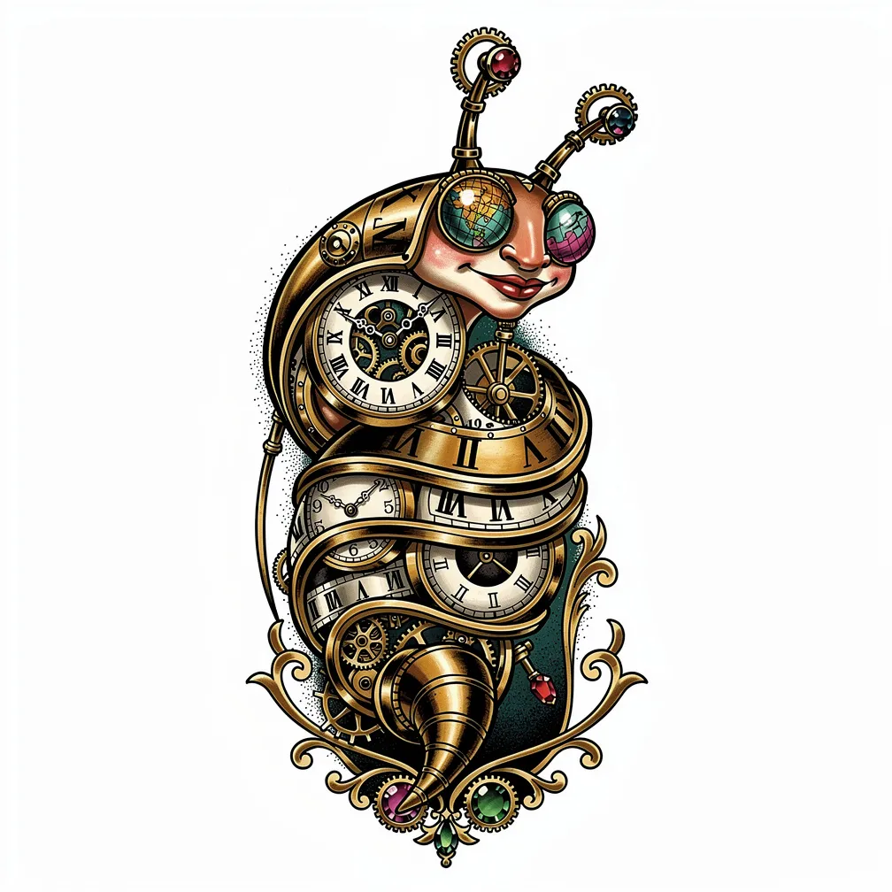 A neo-traditional mechanical snail with a brass pocket-watch spiral shell, book-page foot, glass bead eyes with map irises, and clockwork antennae.