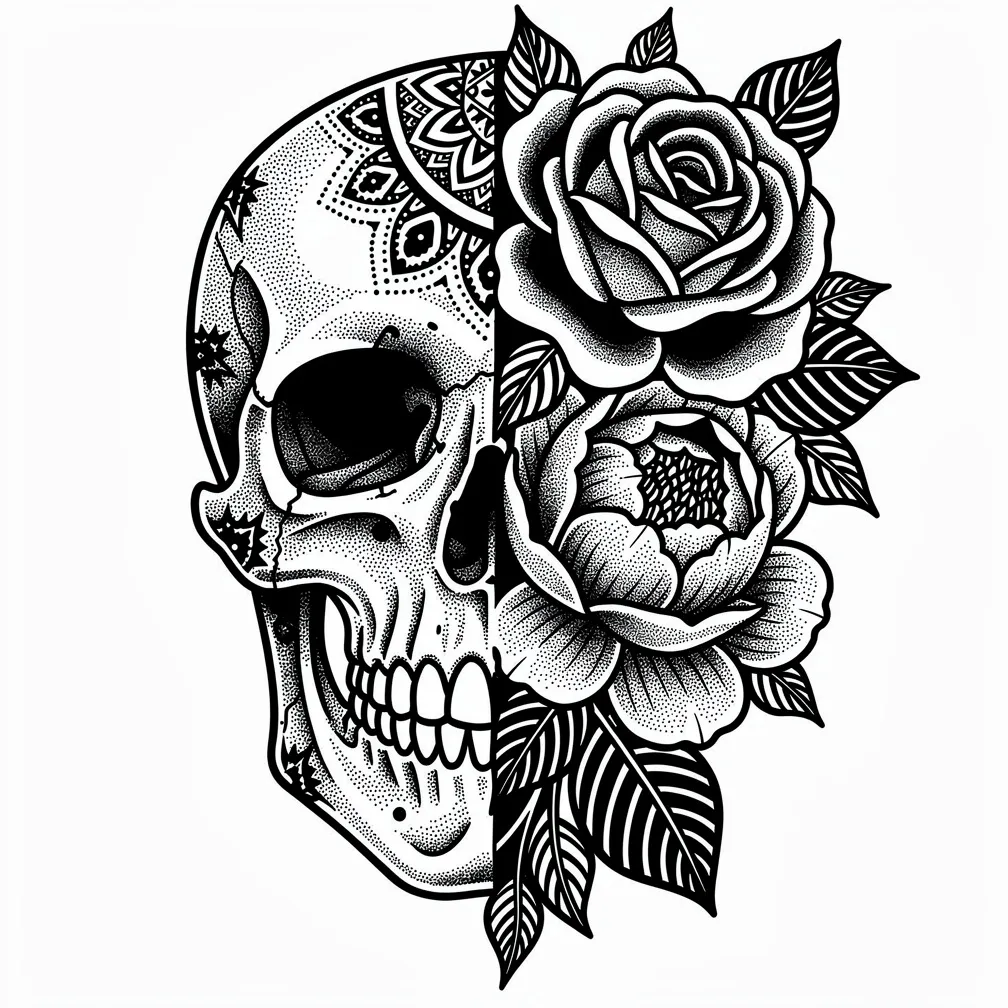 A blackwork design of a half realistic skull merging into a blooming garden of roses and peonies, symbolizing life and death.