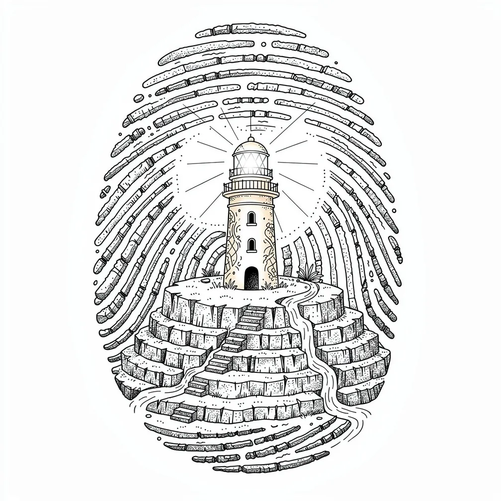 A fine-line fingerprint transformed into a tiny island map, with ridge rivers, cliff terraces, small boats, and a bone-and-sea-glass lighthouse at the center.