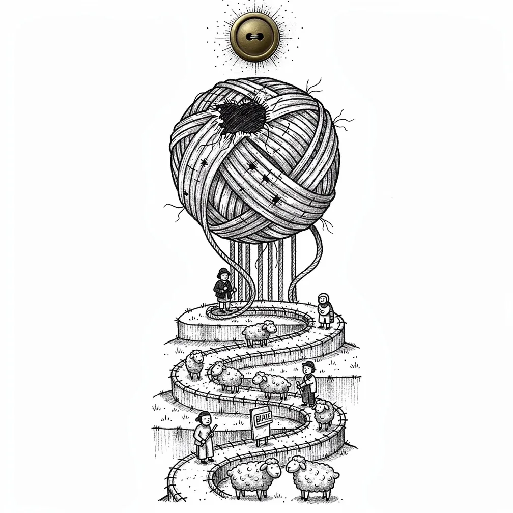 An illustrative moth-eaten yarn ball unravels into a tiny terraced mountain landscape with pinned shepherds, thimble sheep, needle-pines, and a brass button sun.