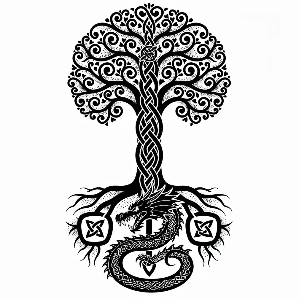A blackwork Yggdrasil world tree with sprawling branches, roots reaching into three realms, and a dragon coiled at the base.