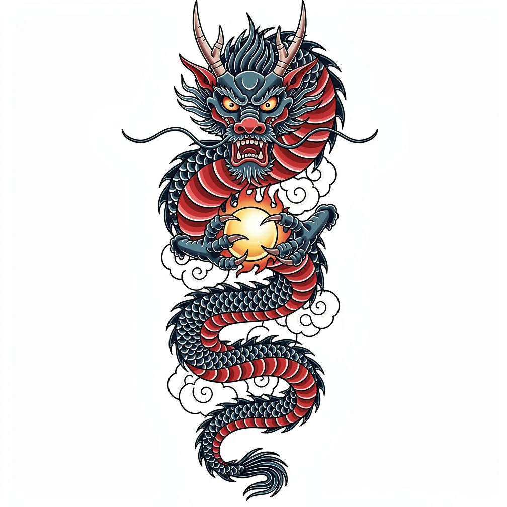 긴 수염을 휘날리는 일본 이레즈미 스타일의 중국 용이 구름 사이를 휘돌며, 발톱으로 불타는 진주를 움켜쥐고 있다.