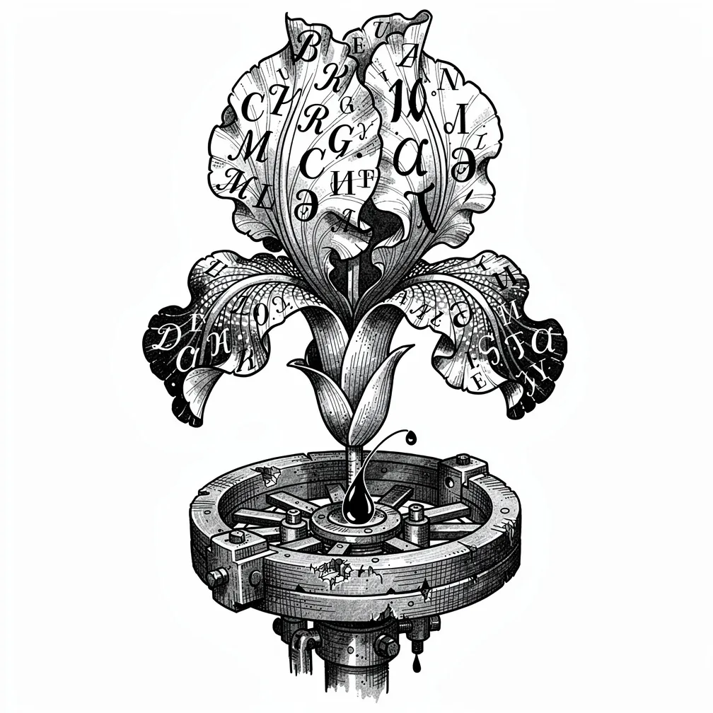 An illustrative iris formed from an antique printing-press platen, with typographic petals, calligraphic ink veins, and a quill-like stamen tipped with wet black ink.