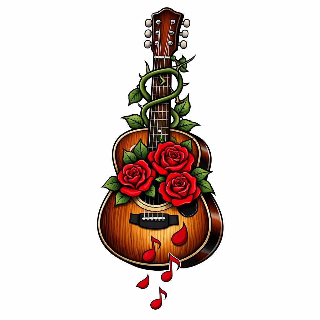 A neo-traditional acoustic guitar with roses growing from the sound hole, vines wrapping the neck, and falling petals arranged like musical notes