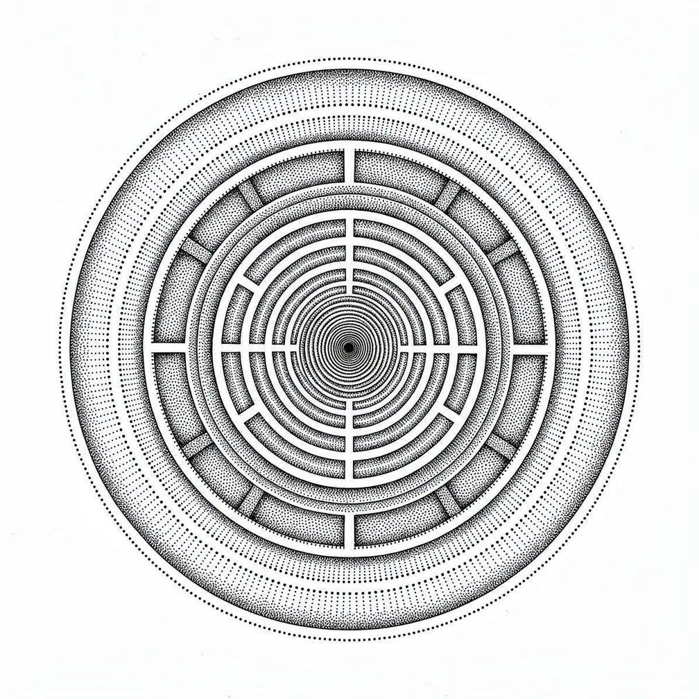 A dotwork geometric design of concentric circles made of diminishing dots, forming a 3D tunnel optical illusion.