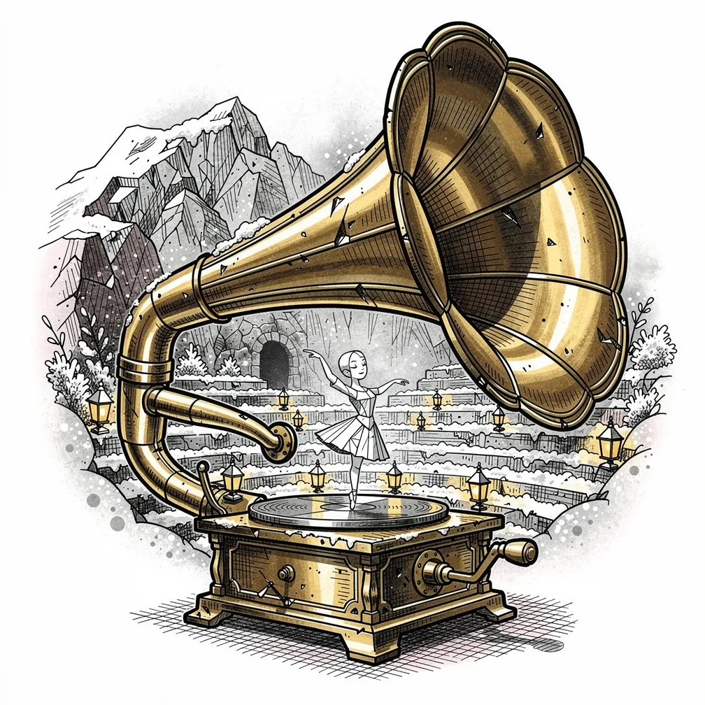 An illustrative antique brass phonograph horn whose bell becomes a snowy mountain amphitheater with lanterns and a frozen stage, centered by a paper ballerina pirouetting.