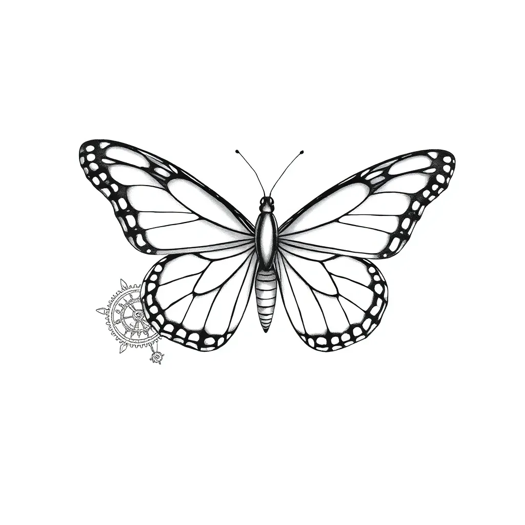 A fine-line monarch butterfly where one wing morphs into intricate clockwork gears and mechanical parts, blending organic and mechanical details.