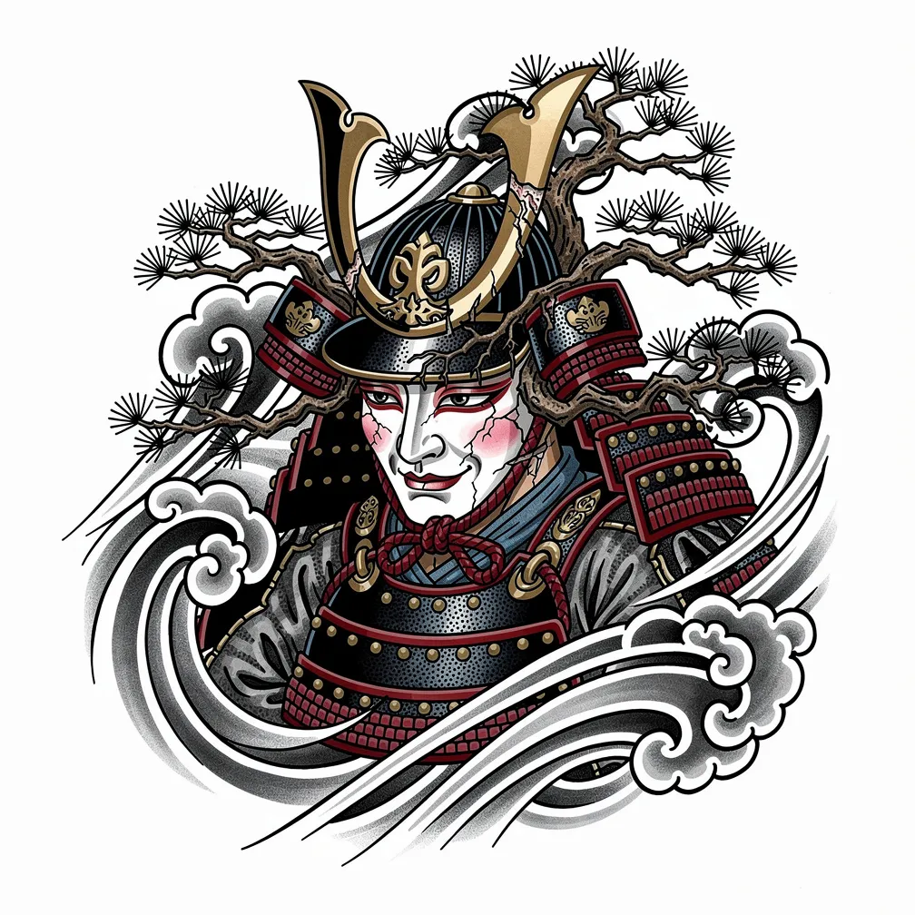 Japanese-style kabuto helmet with a cracked porcelain Noh mask; tiny bonsai sprout from the fissures, roots wrapping rivets in a centered, meditative композиtion.