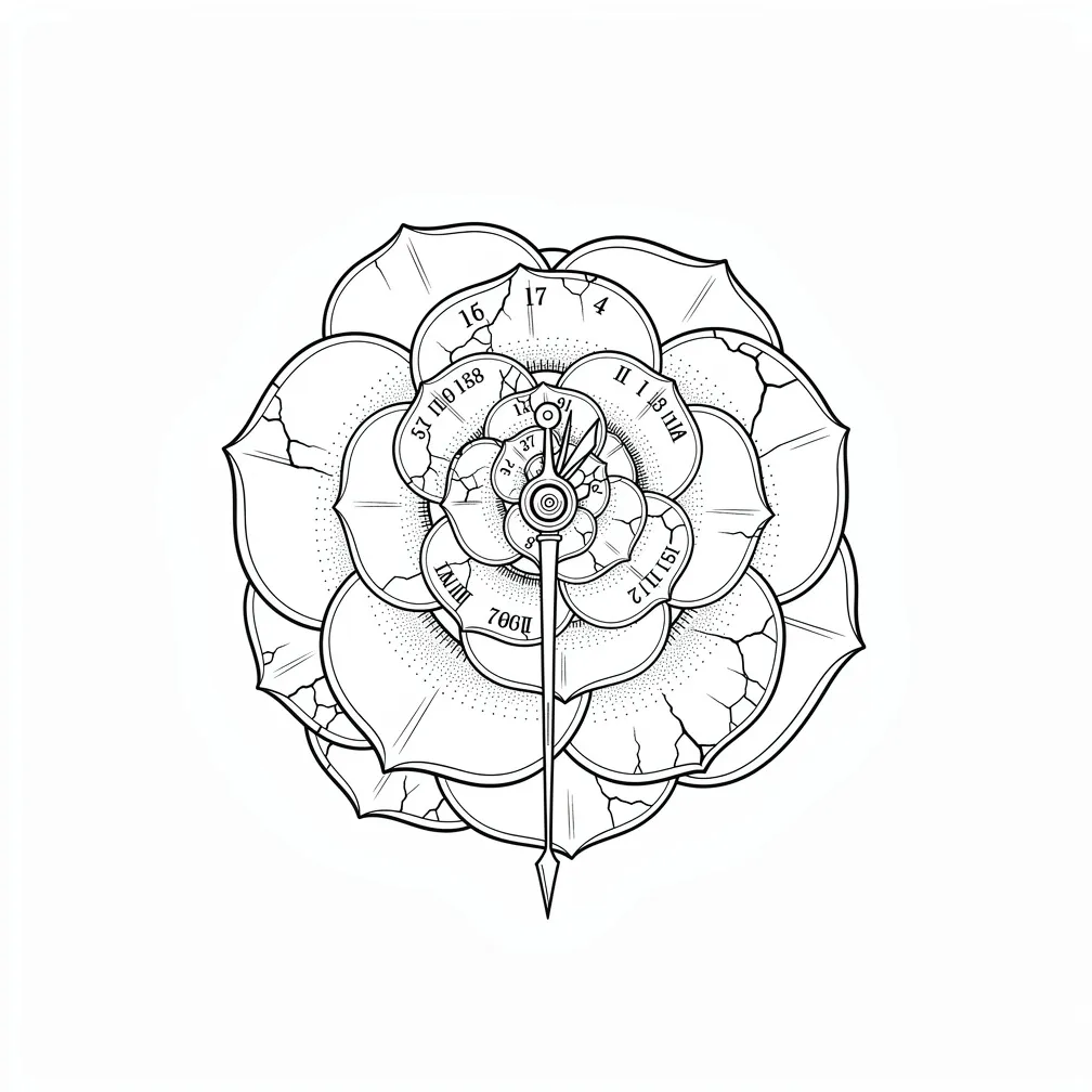 A fine-line camellia formed from an antique barometer dial, with engraved weather marks as petals and the needle as a delicate stamen, aged with faint cracks.