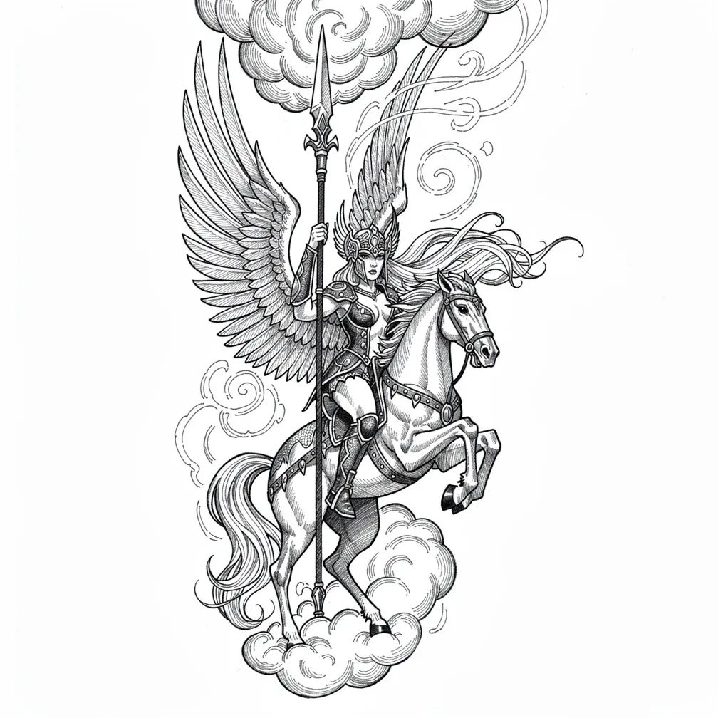 An illustrative Valkyrie on a rearing horse descends from storm clouds, spear raised, with large unfurled wings behind her.