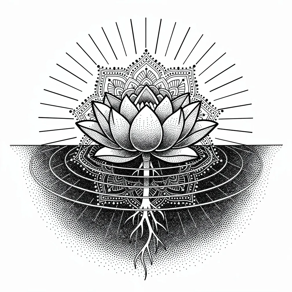 A dotwork lotus rises from dark water with visible roots beneath the surface and radiant enlightenment rays streaming above.