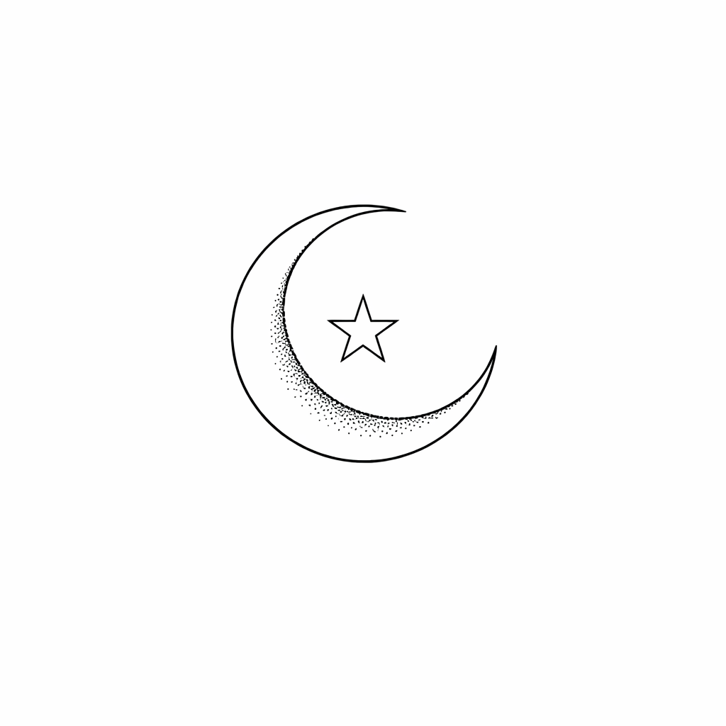 A micro crescent moon in ultra-fine linework gently cradling a five-point star with subtle dot shading and ample negative space, fine-line style.