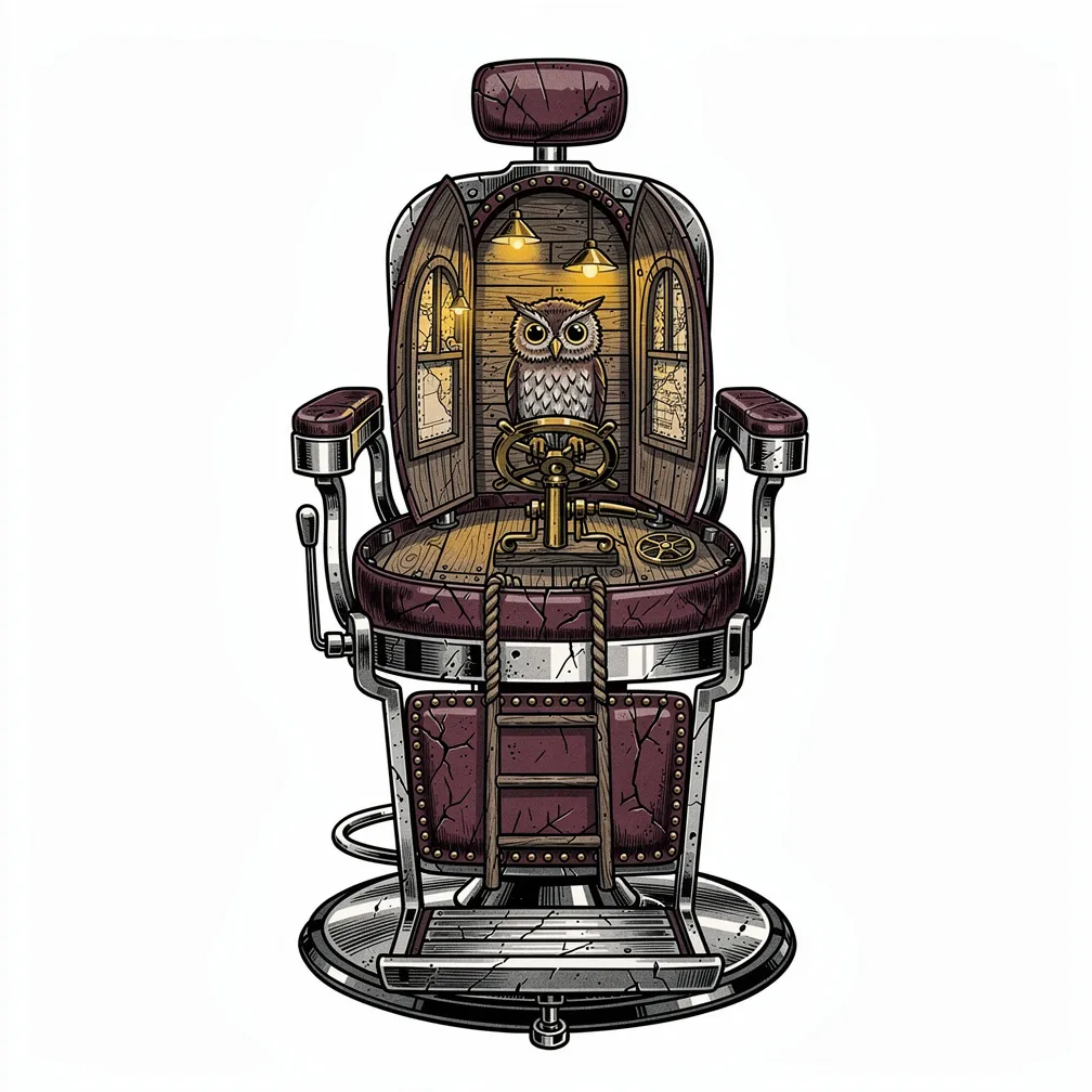 An illustrative antique barber chair with burgundy leather becomes a lamp-lit treehouse cockpit, featuring a tiny owl pilot at a brass wheel.