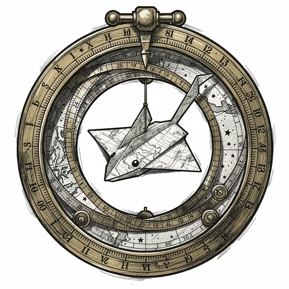 An illustrative antique astrolabe with etched star charts, its center holding a suspended origami manta ray folded from faded nautical maps.