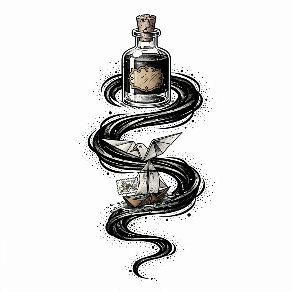 An illustrative antique ink bottle spilling a black whirlpool, with tiny paper ships, postage-stamp sails, an origami gull, and ink-splatter constellations in sepia tones.