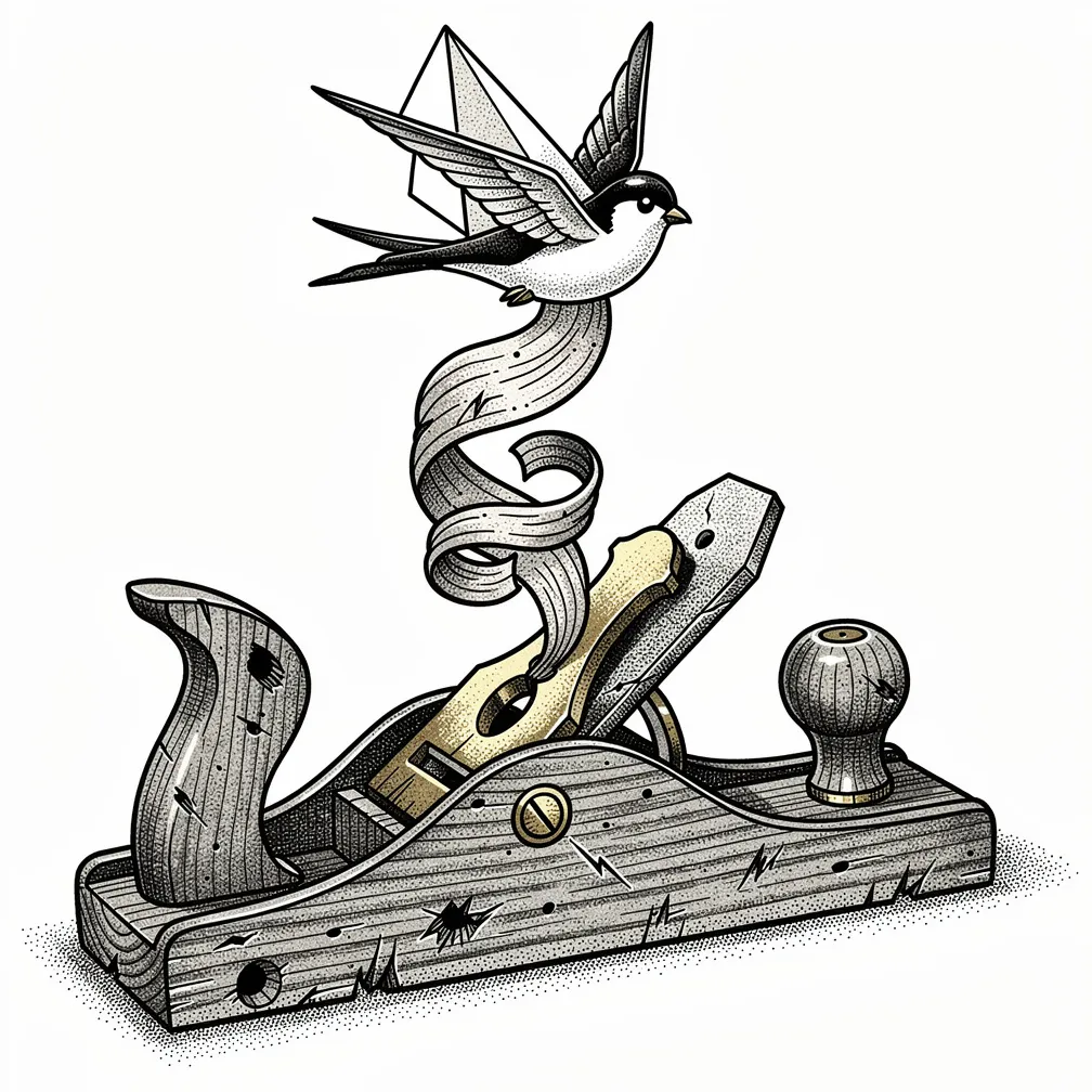 An illustrative wooden carpenter’s plane shaving curls that morph into folded-paper swallows rising upward in a vertical composition.