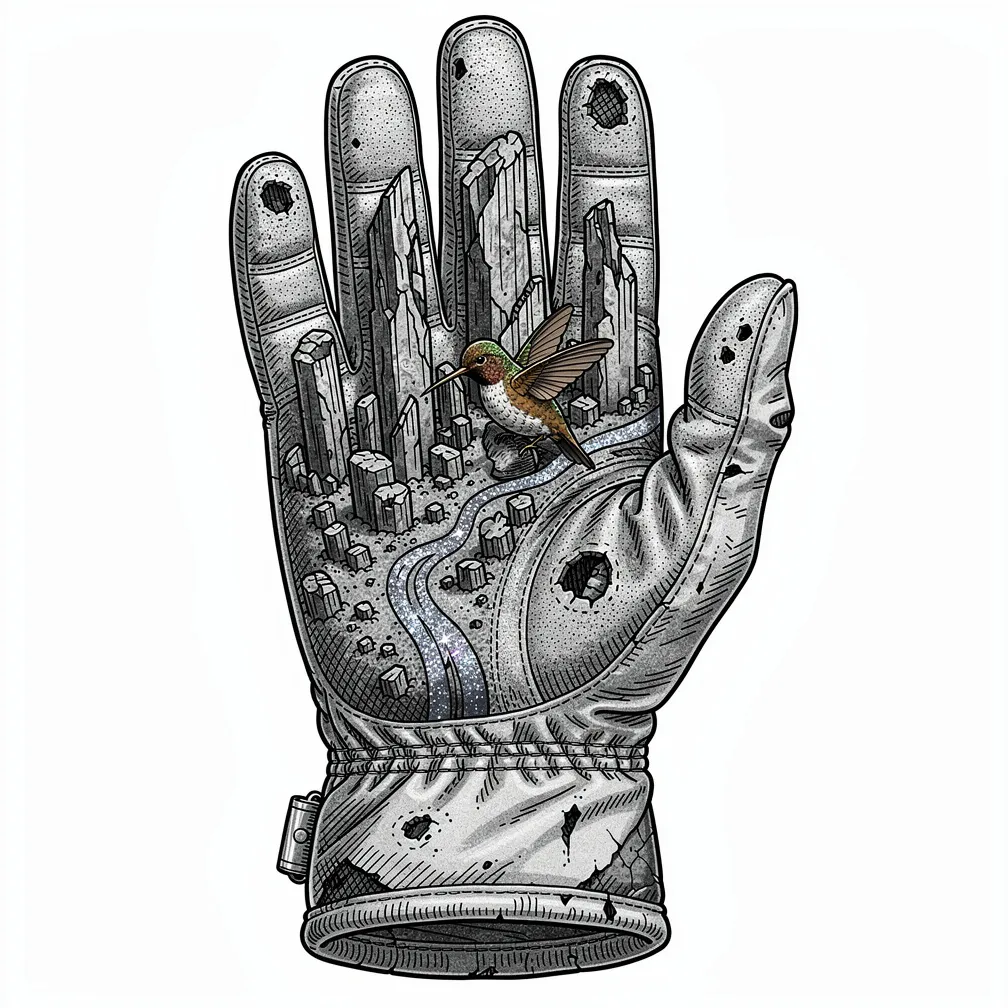 An illustrative, weathered astronaut glove holds a fossilized mini forest with stardust rivers and a tiny fossil hummingbird with a bronze beak.