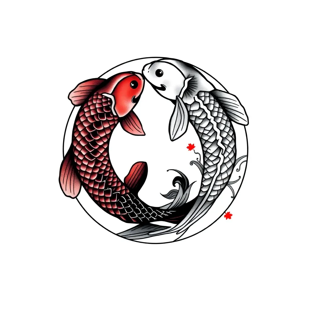Two koi fish in Japanese style forming a yin-yang circle, one dark and one light, swirling with stylized water and floral accents.