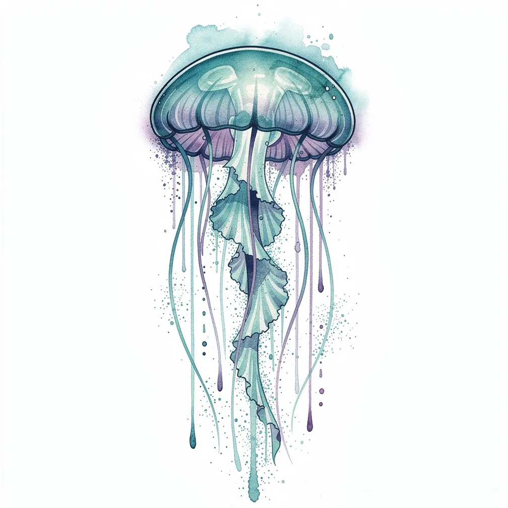 A watercolor bioluminescent jellyfish in deep ocean darkness with long glowing tentacles and drifting light particles.