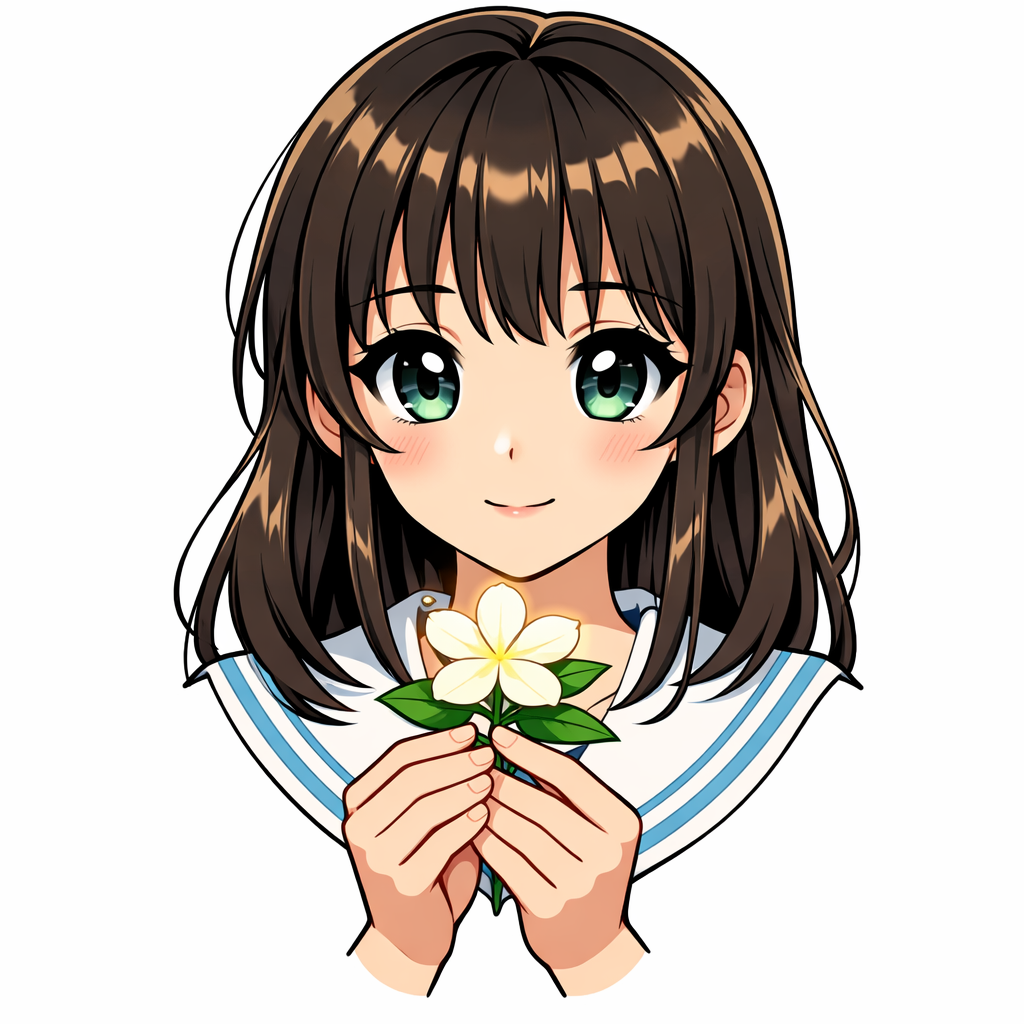 Retrato estilo anime de una chica con enormes ojos expresivos que sostiene suavemente una flor de jazmín brillante; sombreado cel suave sobre un fondo blanco con amplio espacio negativo.