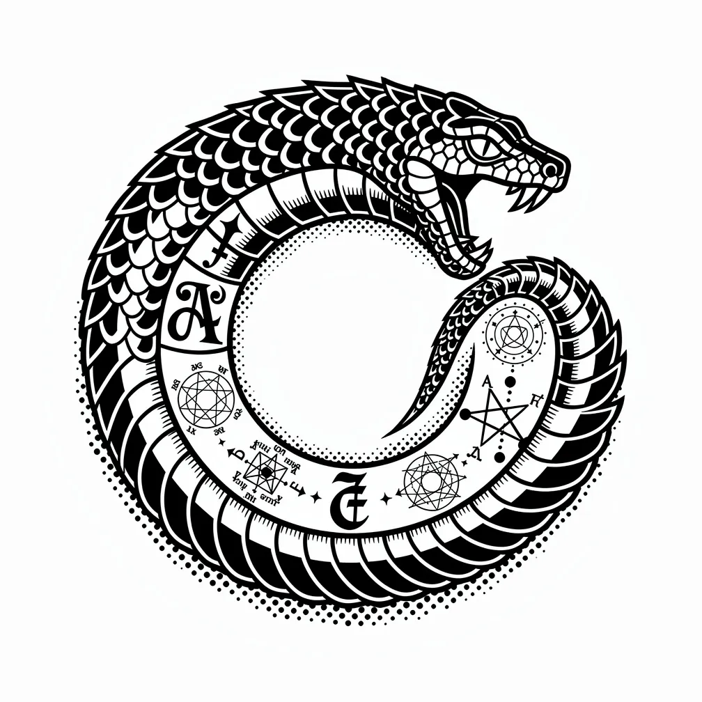 A blackwork ouroboros serpent biting its tail, with its body filled with alchemical symbols and celestial diagram details.