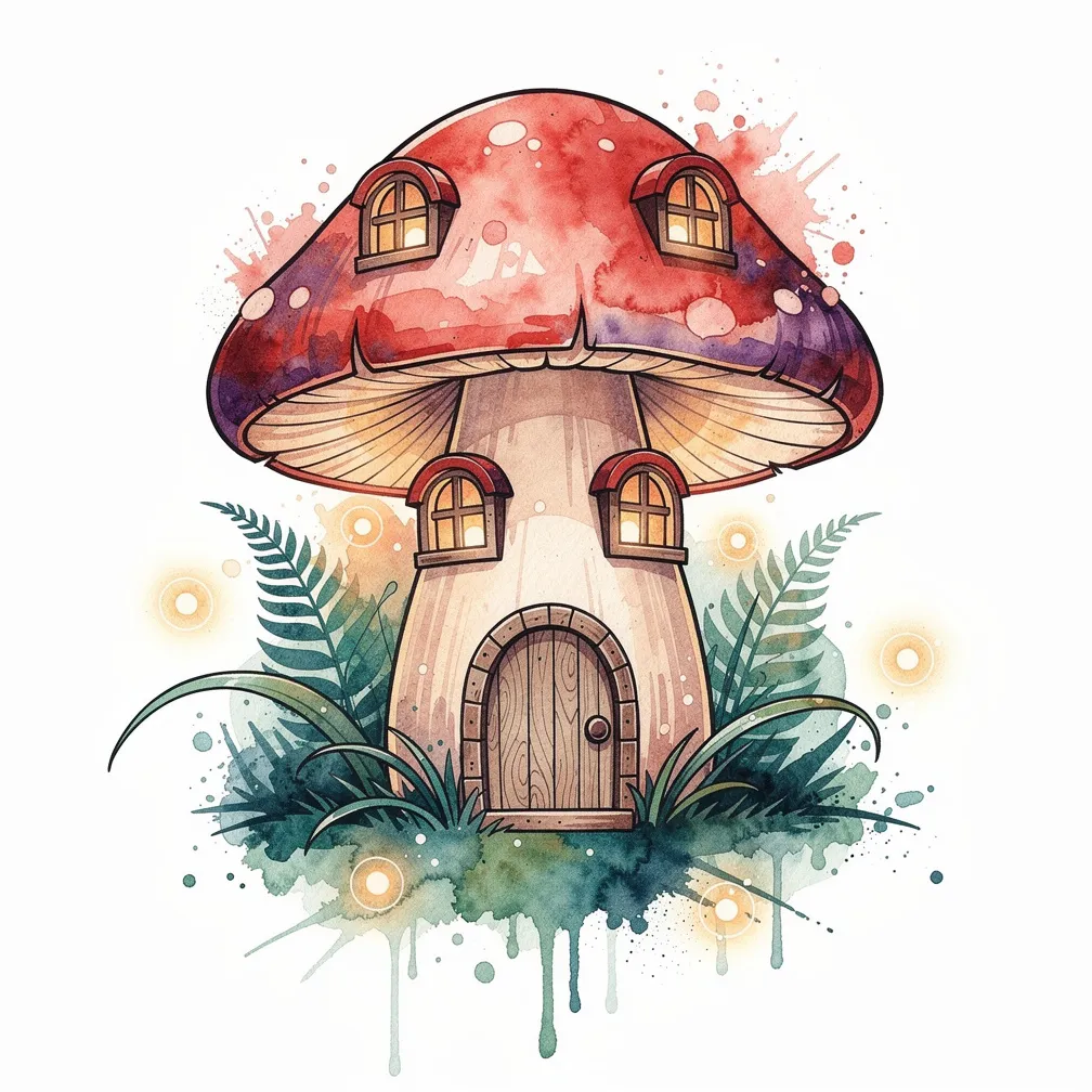 A whimsical watercolor mushroom cottage with a tiny door, glowing windows, ferns, and surrounding fireflies.