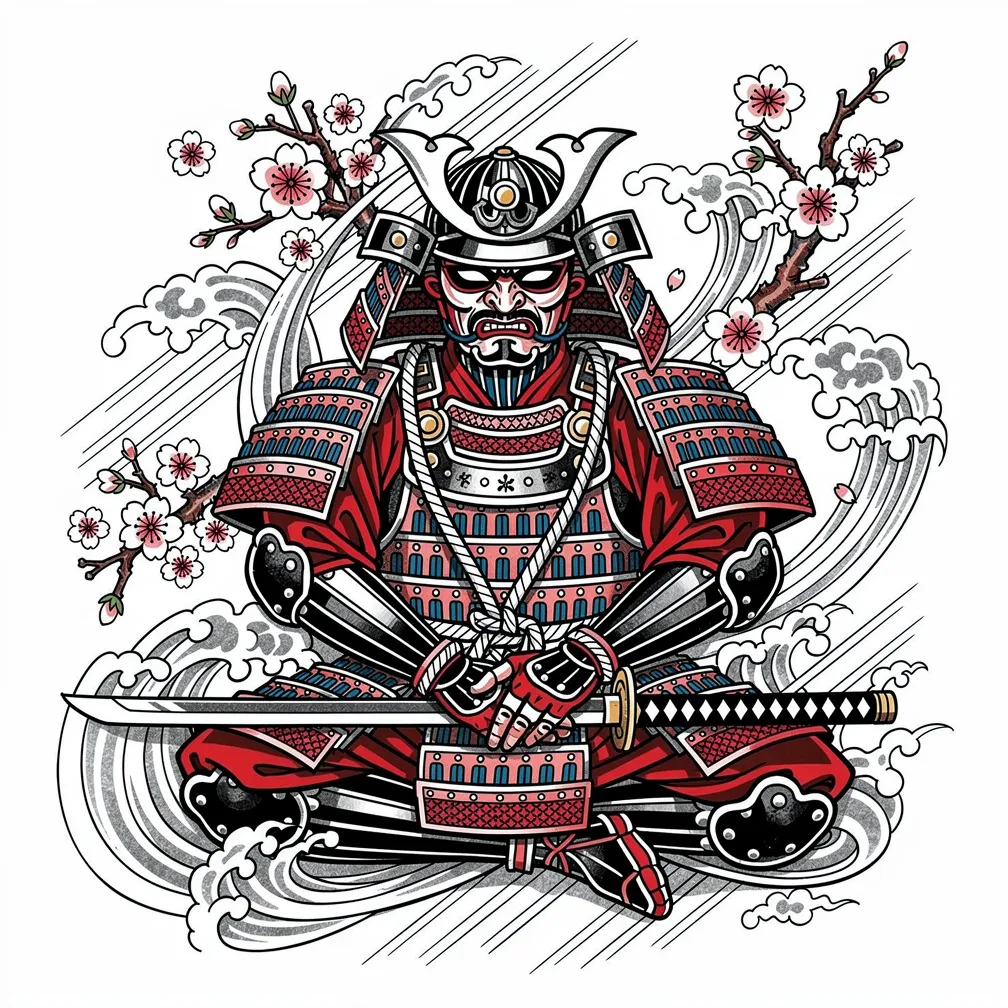 A Japanese irezumi-style samurai in full armor kneels in meditation with a katana across his lap as cherry blossoms fall.