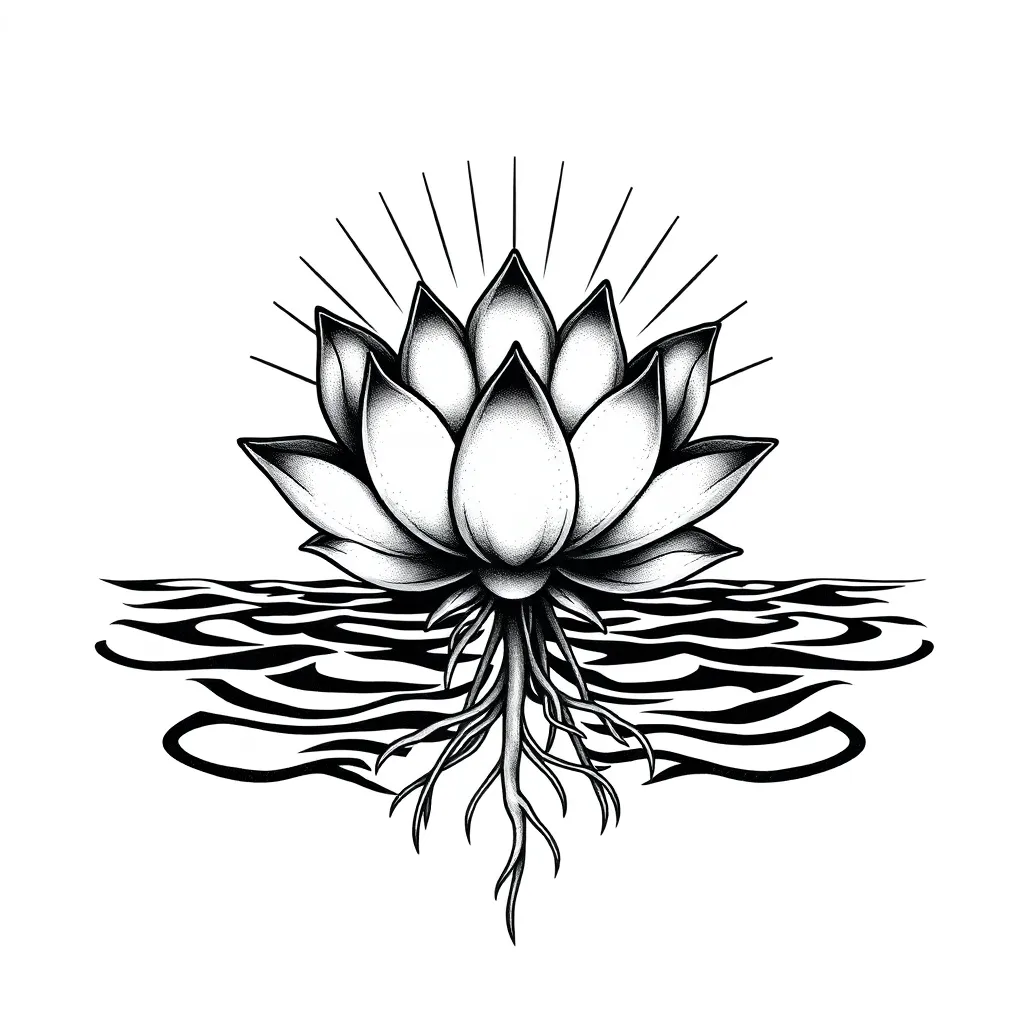 A dotwork lotus rising from dark water with visible roots beneath the surface and delicate rays of light streaming upward, rendered in stippled black and grey.
