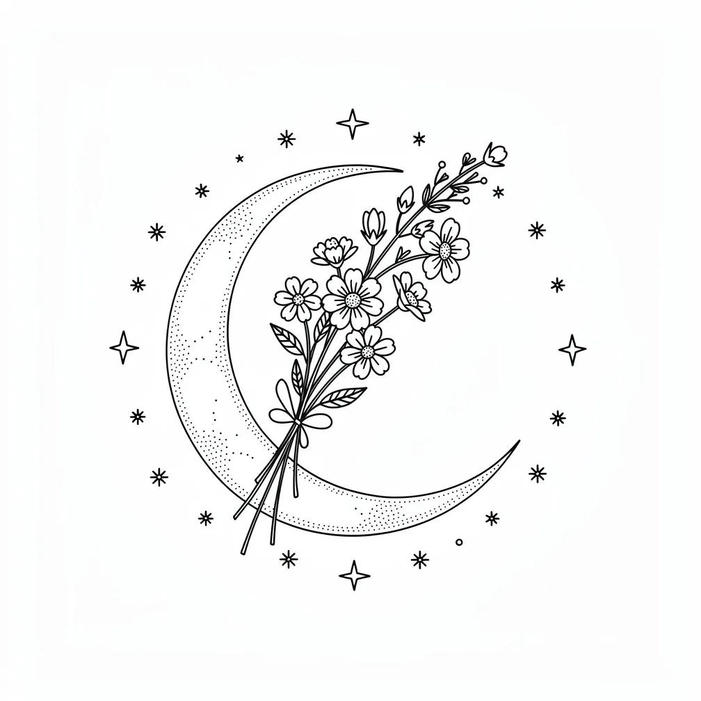 A fine-line crescent moon cradling a cluster of wildflowers with tiny stars scattered around like seeds.