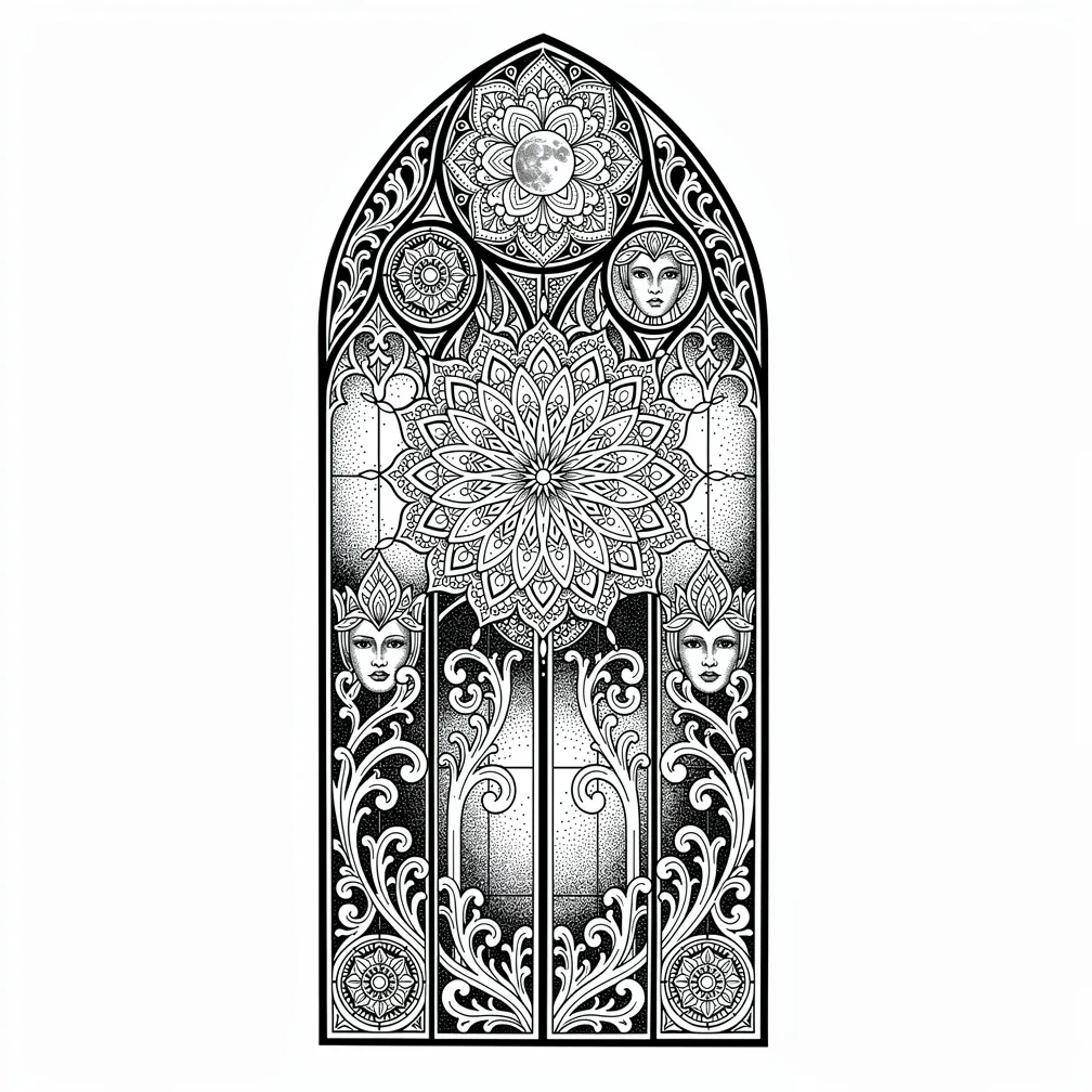 An ornamental gothic cathedral window with rose tracery, stained-glass panels, and moonlight casting colored shadows.