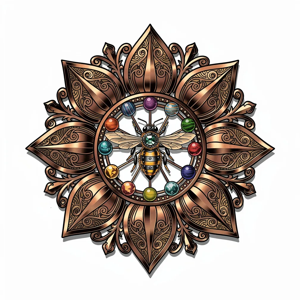 A neo-traditional mechanical sunflower in brass and copper, its center a ring of tiny planets on spokes, with a jeweled honeybee perched at the pistil.
