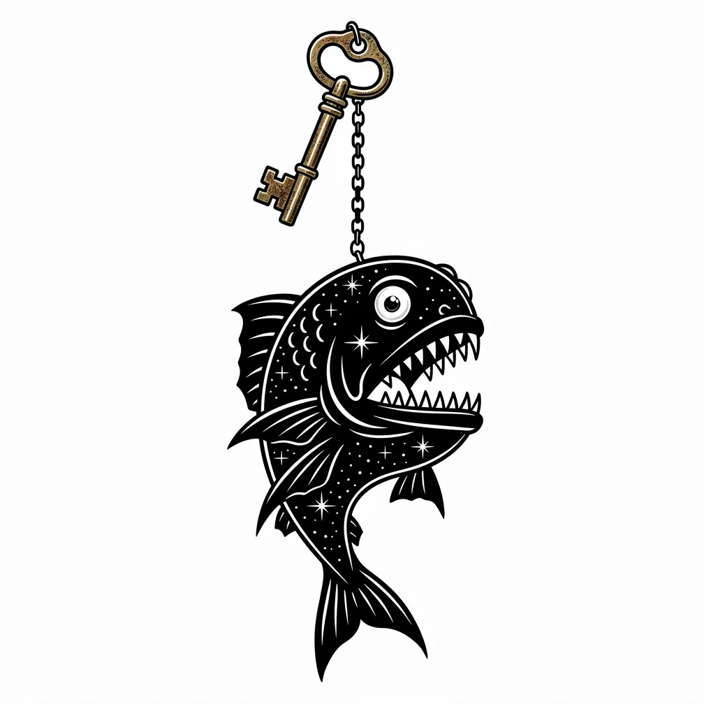 A blackwork 2D anglerfish with star-dotted matte body, needle teeth, a pale glassy eye, and a tarnished brass skeleton key lure on a chain.