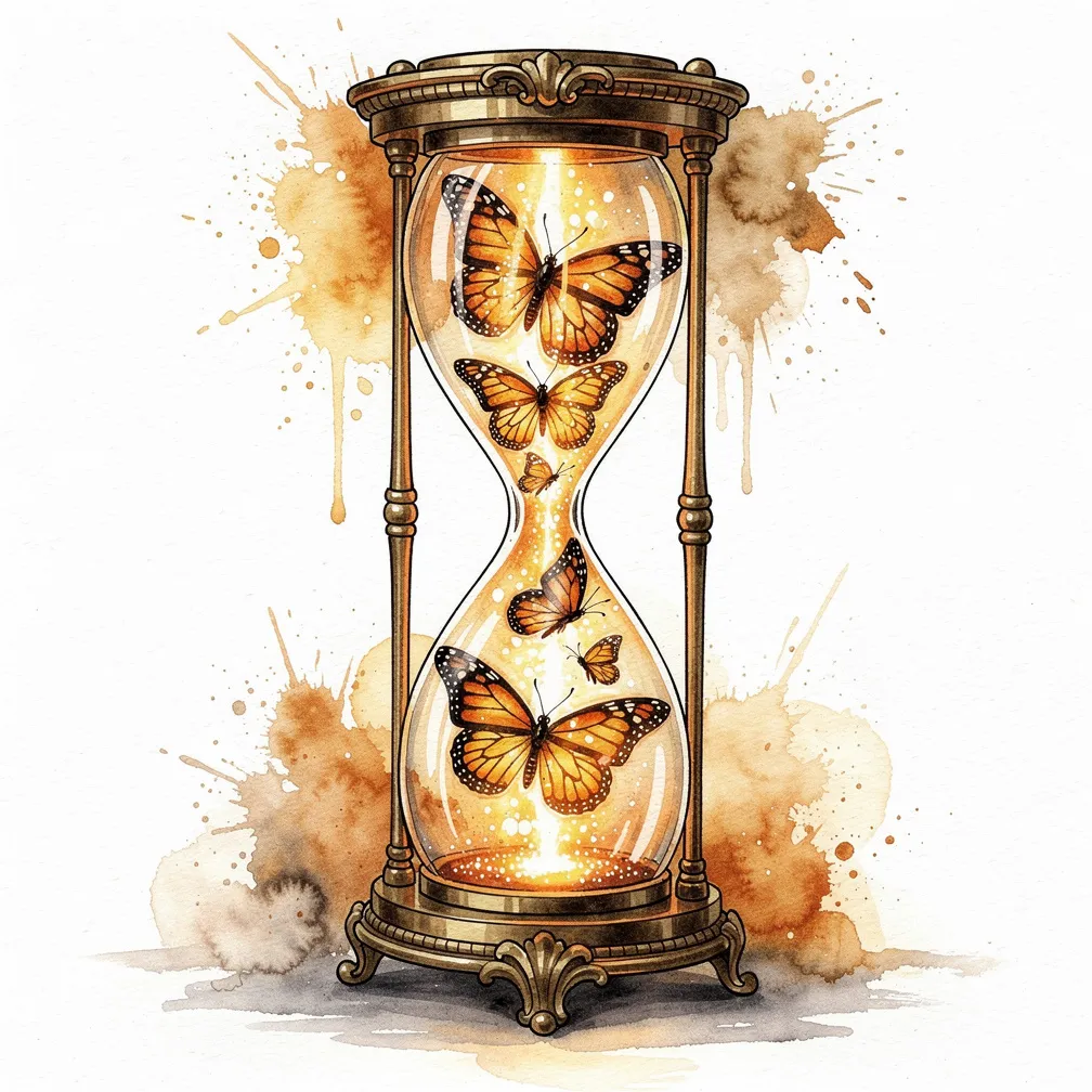 A watercolor antique hourglass filled with migrating monarch butterflies, orange wings drifting like sand inside tarnished gilded frames.