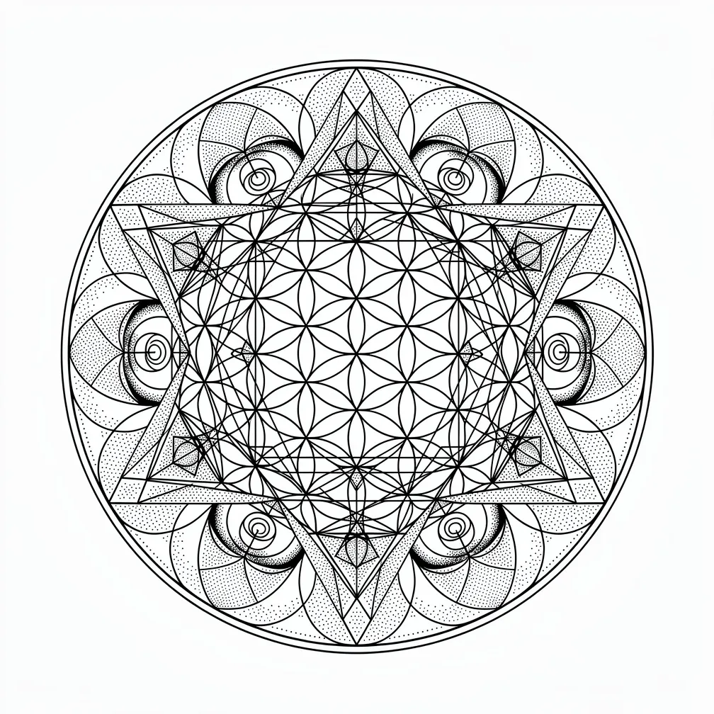 Intricate geometric tattoo featuring a central Flower of Life, overlaid Metatron's Cube and radiating golden-ratio spirals in a geometric style with gold accents